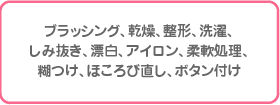 ブラッシング、乾燥、整形、洗濯 しみ抜き、漂白、アイロン、柔軟処理 糊つけ、ほころび直し、ボタン付け